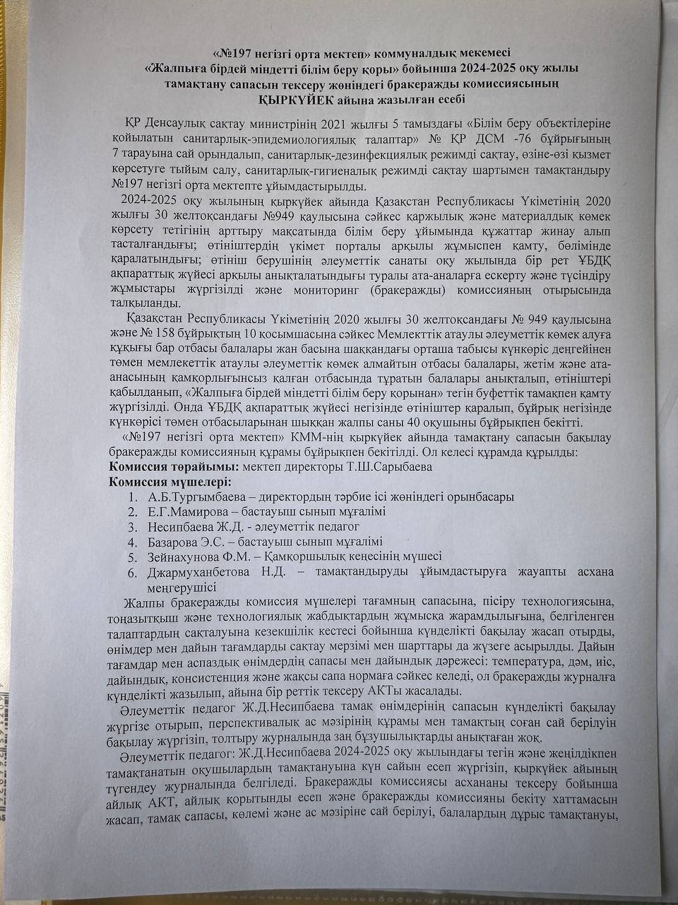 2024-2025 оқу жылы тамақтану сапасын тексеру ҚЫРКҮЙЕК айы есебі