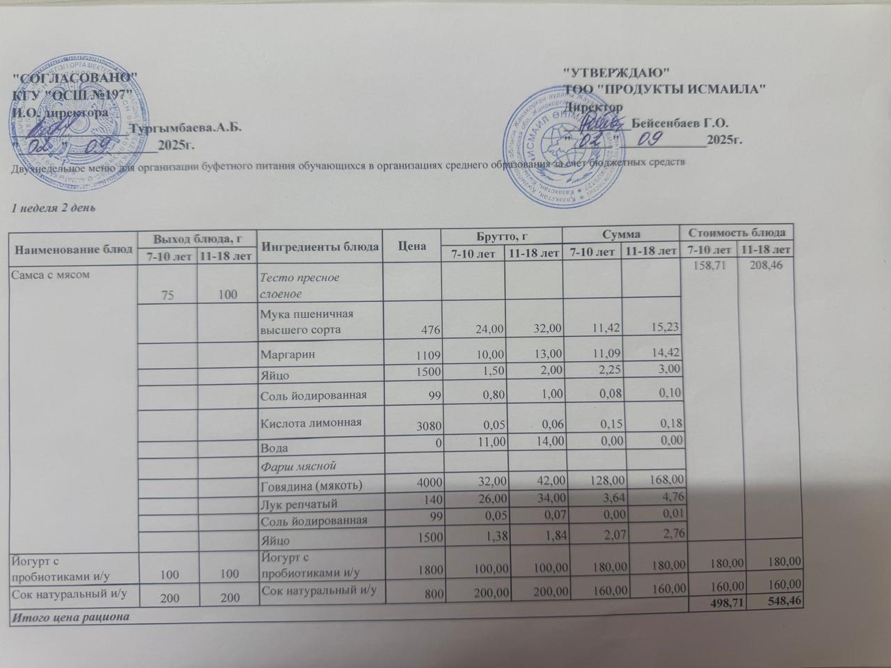 Күнделікті тегін буфеттік тамақтандыру ас мәзірі 02.09.2025ж
