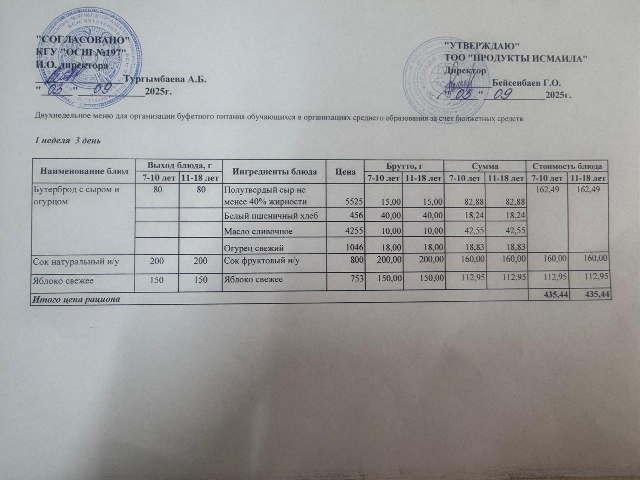 Күнделікті тегін буфеттік тамақтандыру ас мәзірі 03.09.2025 ж