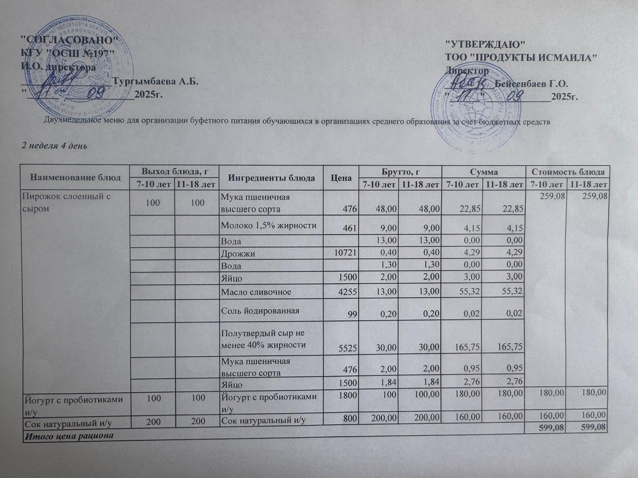 Күнделікті тегін буфеттік тамақтандыру ас мәзірі 11.10.2025