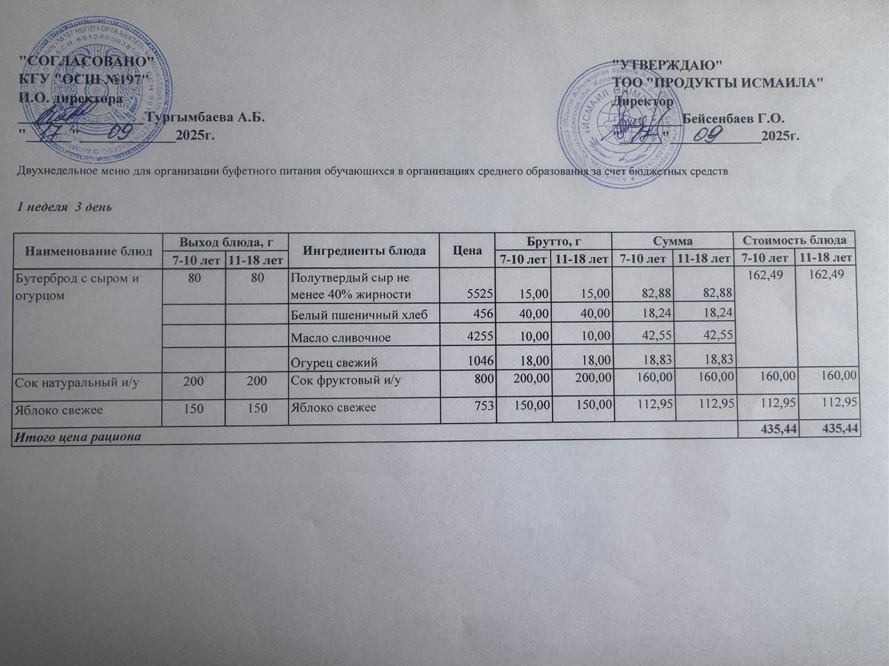 Күнделікті тегін буфеттік тамақтандыру ас мәзірі  17.09.2025 ж