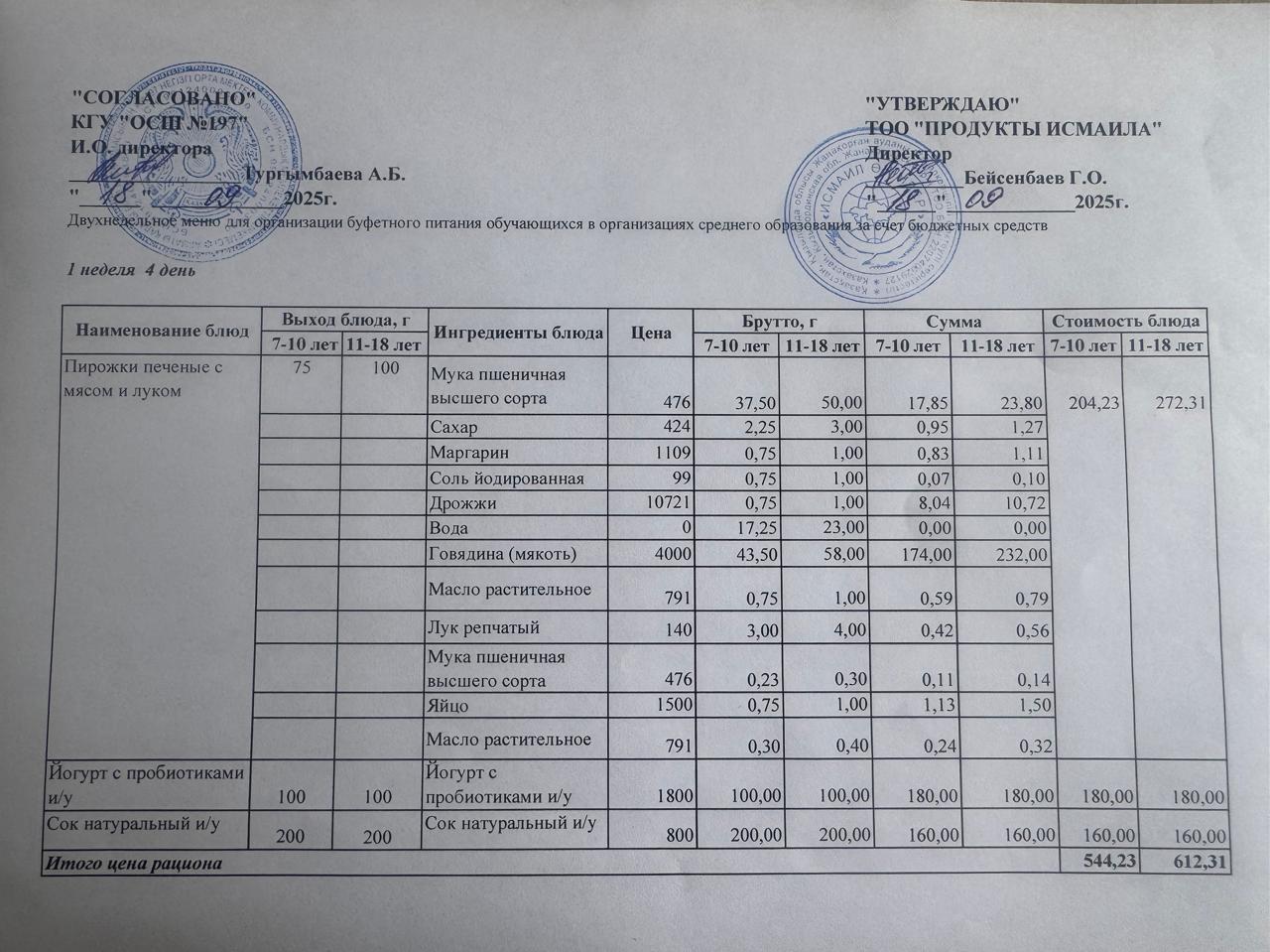 Күнделікті тегін буфеттік тамақтандыру ас мәзірі 18.09.2025 ж