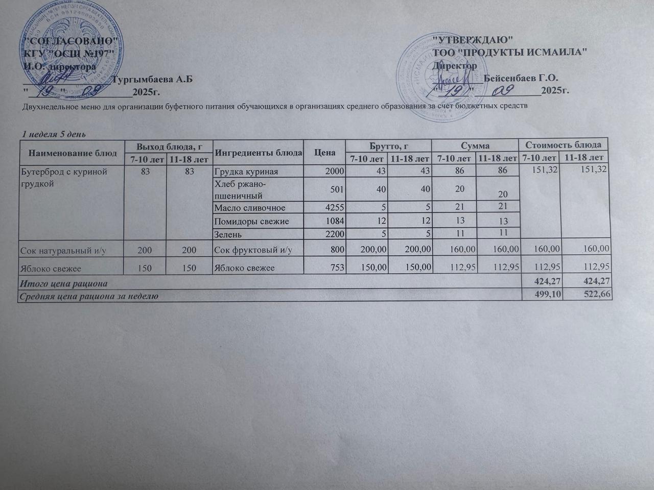 Күнделікті тегін буфеттік тамақтандыру ас мәзірі 19.09.2025 ж