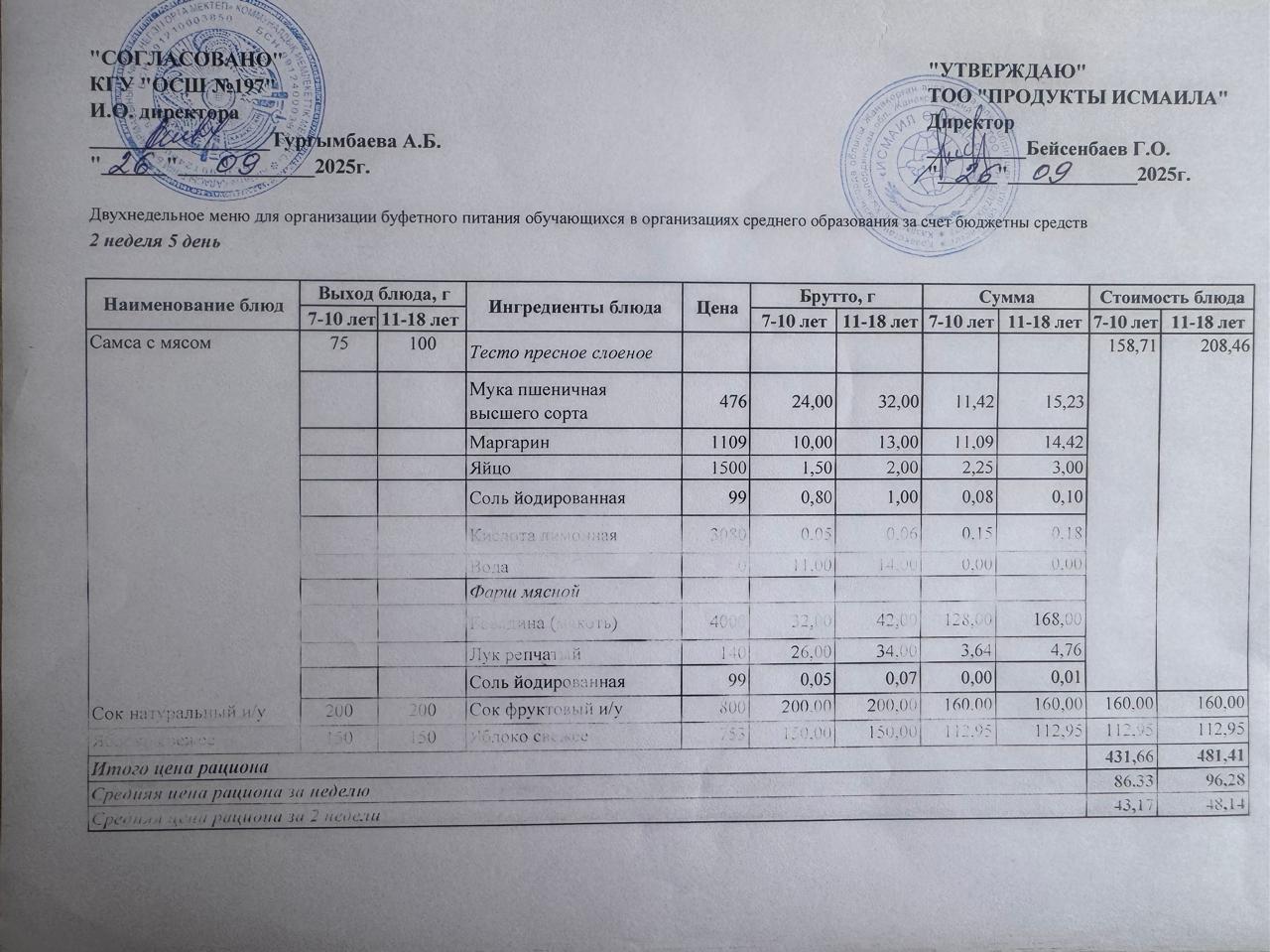 Күнделікті тегін буфеттік тамақтандыру ас мәзірі 26.09.2025 ж